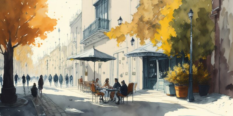 A street view to a coffee shop terrace in Madrid, Spain as it stands for 15 Best Coffee Shops in Madrid