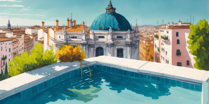 A corner of a rooftop hotel pool in Madrid, with a view over the capital of Spain.