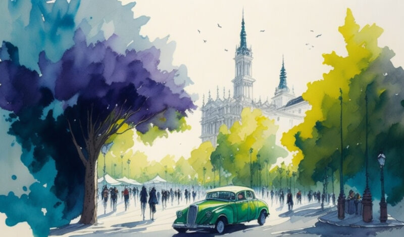 A street wiht a car and people and trees in Madrid in June: Weather, Dressing Tips, and Events